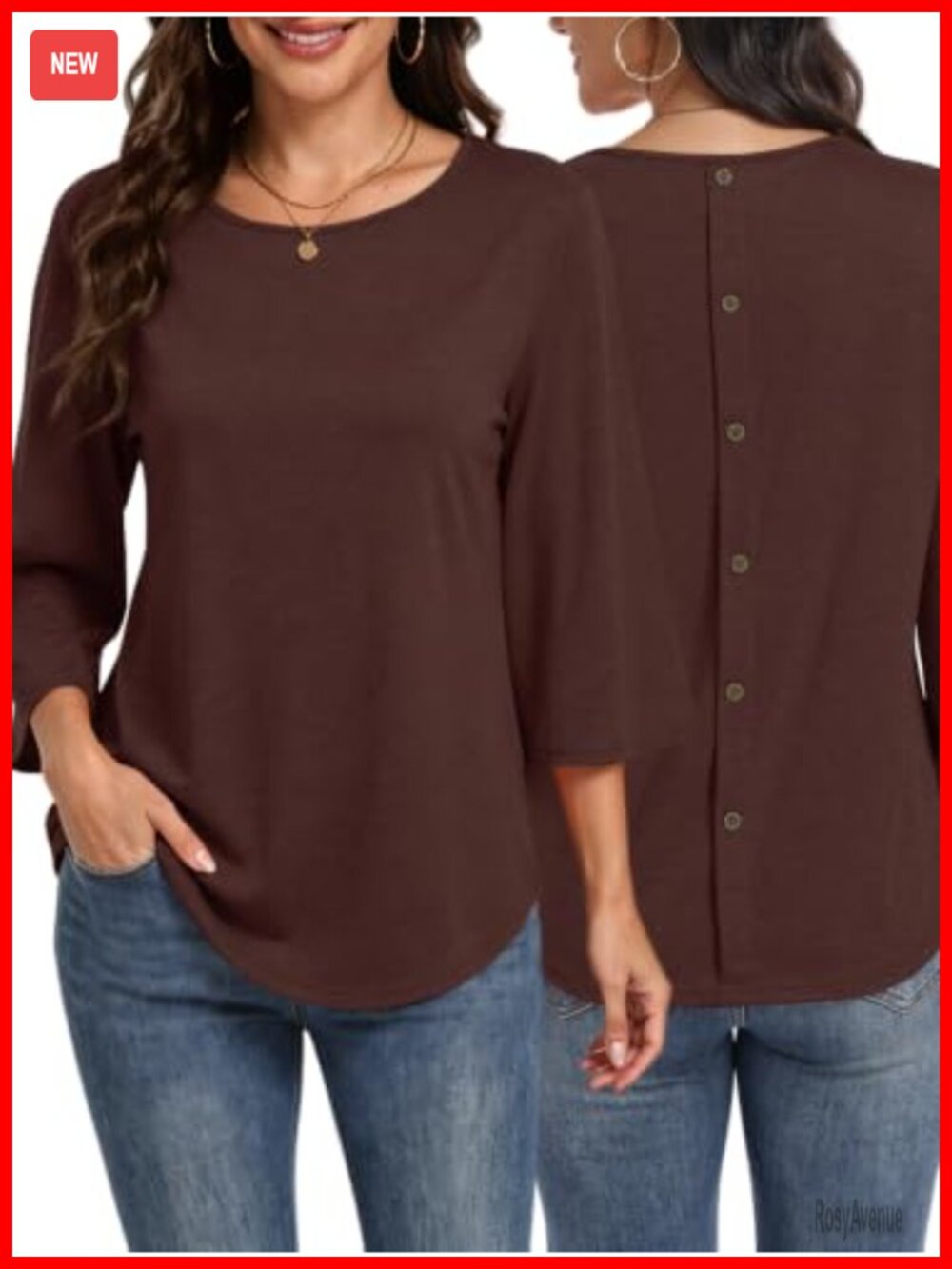 Women's 3/4 Sleeve Crew Neck Blouse with Back Button Detail